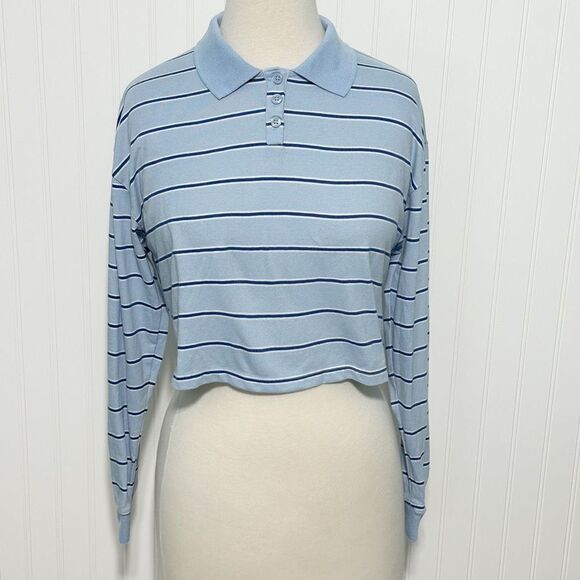 Forever 21 Womens Striped Collared Pullover Long Sleeve Crop Top Blue Size Small - Picture 1 of 10